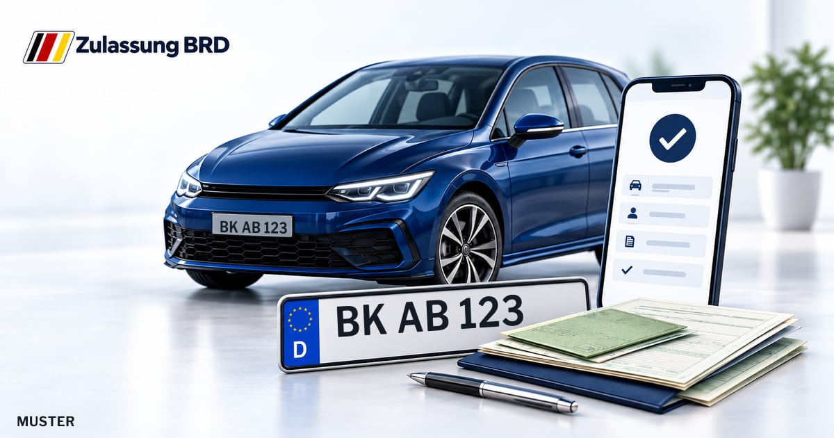 Online Fahrzeugzulassung in Korb: Musterkennzeichen BK AB 123, Auto und Fahrzeugpapiere und Smartphone. Illustration mit Logo von Zulassung BRD.